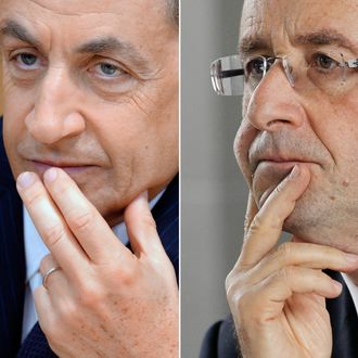 A combination made on April 22, 2012 shows a file picture taken on February 27, 2012 in Paris showing France's President and UMP party candidate for the 2012 French presidential elections Nicolas Sarkozy (L) and a file picture taken on March 6, 2012 in Villeneuve-la-Garenne showing France's Socialist Party (PS) candidate for the 2012 French presidential election Francois Hollande. Hollande won the first round of the French presidential vote on April 22, 2012, setting himself up for a May 6 run-off with right-wing incumbent Sarkozy. AFP PHOTO / PHILIPPE WOJAZER / PATRICK KOVARIK (Photo credit should read PHILIPPE WOJAZER/AFP/Getty Images)