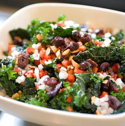 Borecole salad: mixed kale, radish, bell pepper, spiced almonds, olives, citranette.