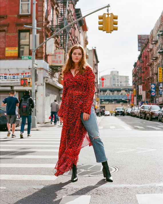 long dress over jeans