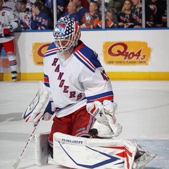 UNIONDALE, NY - OCTOBER 15: Martin Biron #43 of the New York Rangers skates in warmups prior to the game against the New York Islanders at the Nassau Veterans Memorial Coliseum on October 15, 2011 in Uniondale, New York. The Islanders defeated the Rangers 4-2. (Photo by Bruce Bennett/Getty Images) *** Local Caption *** Martin Biron