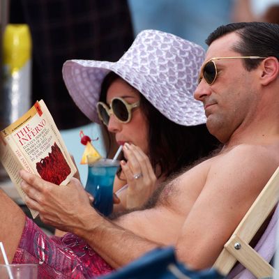 Jon Hamm and Jessica Pare shoot an episode of the hit show 