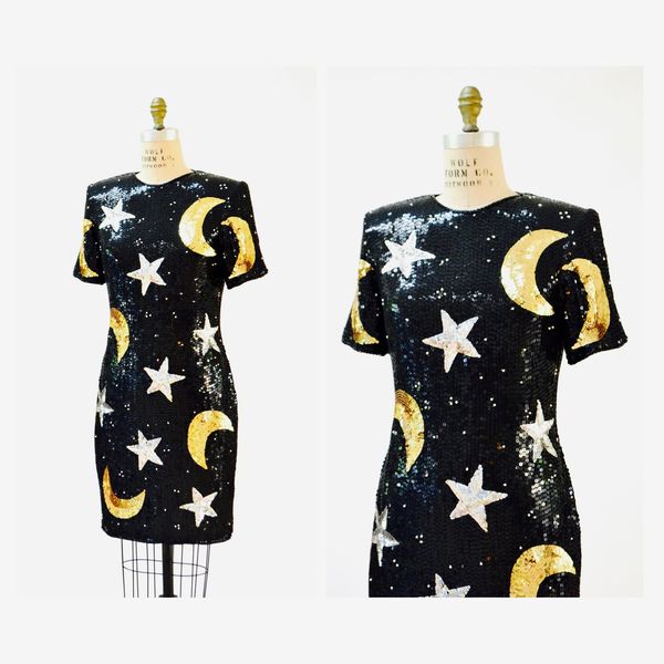 Hooked on Honey Vintage Sequin Black Star Moon Dress by Modi