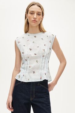 J.Crew Pintuck Shell Top in Ramie with Embroidered Florals