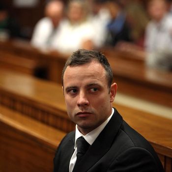 Oscar Pistorius at the Pretoria High Court on March 5, 2014, in Pretoria, South Africa. Oscar Pistorius, stands accused of the murder of his girlfriend, Reeva Steenkamp, on February 14, 2014. This is Pistorius' official trial, the result of which will determine the paralympian athlete's fate. 