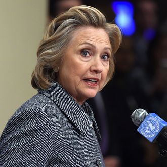 Hillary Clinton answers questions from reporters March 10, 2015 at the United Nations in New York. Clinton admitted Tuesday that she made a mistake in choosing for convenience not to use an official email account when she was secretary of state. But, in remarks to reporters after attending a United Nations event, she insisted that her email set-up had been properly secure and that she had turned over all professional communications to the State Department. AFP PHOTO/DON EMMERT (Photo credit should read DON EMMERT/AFP/Getty Images)