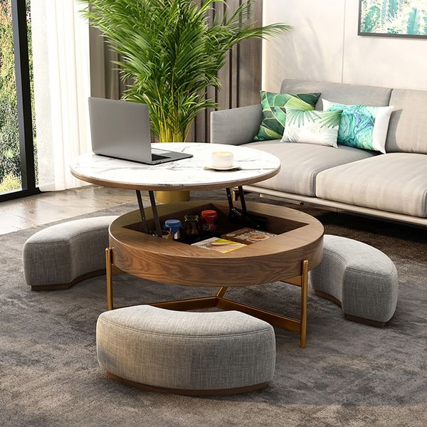 Round Lift-Top Coffee Table with Storage & 3 Ottoman