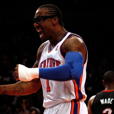 Amare Stoudemire #1 of the New York Knicks reacts after he dunked in the first half against the Miami Heat in Game Four of the Eastern Conference Quarterfinals in the 2012 NBA Playoffs on May 6, 2012 at Madison Square Garden in New York City. 