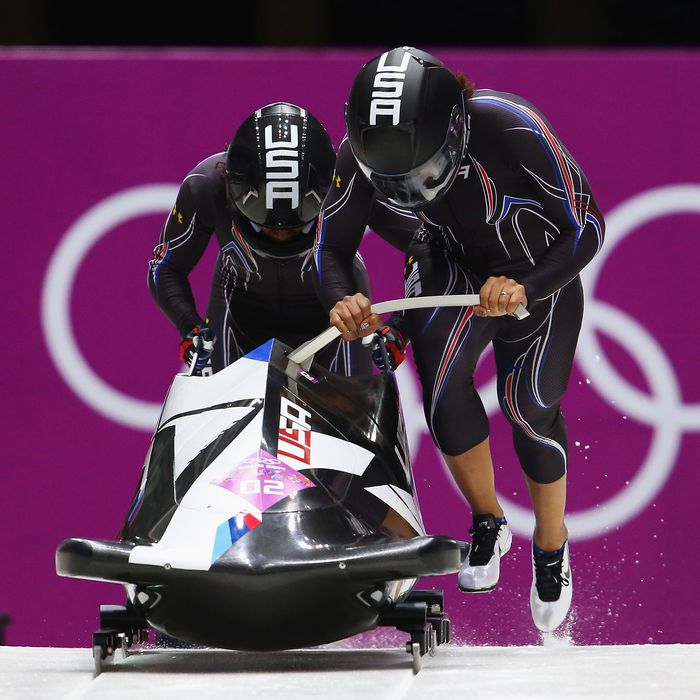 Elana Meyers and Lauryn Williams of the United States team 1 make a run during the Women's Bobsleigh heats on day 11 of the Sochi 2014 Winter Olympics at Sliding Center Sanki on February 18, 2014 in Sochi, Russia.