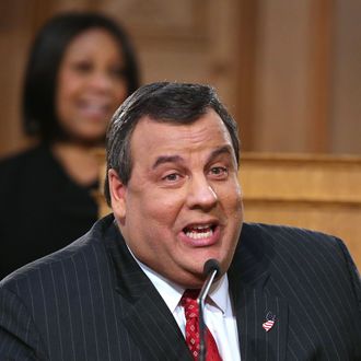 New Jersey Governor Chris Christie addresses state legislators during his State of the State Address in the Assembly Chamber at the Statehouse on January 8, 2013 in Trenton, New Jersey. The popular Republican governor called on Congress to quickly approve more disaster aid for the state, more than two months after Hurricane Sandy.