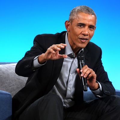 Former U.S. President Barack Obama speaks to attendees at the second Obama Foundation summit at the Mariott Marquis hotel in Chicago on November 19, 2018.