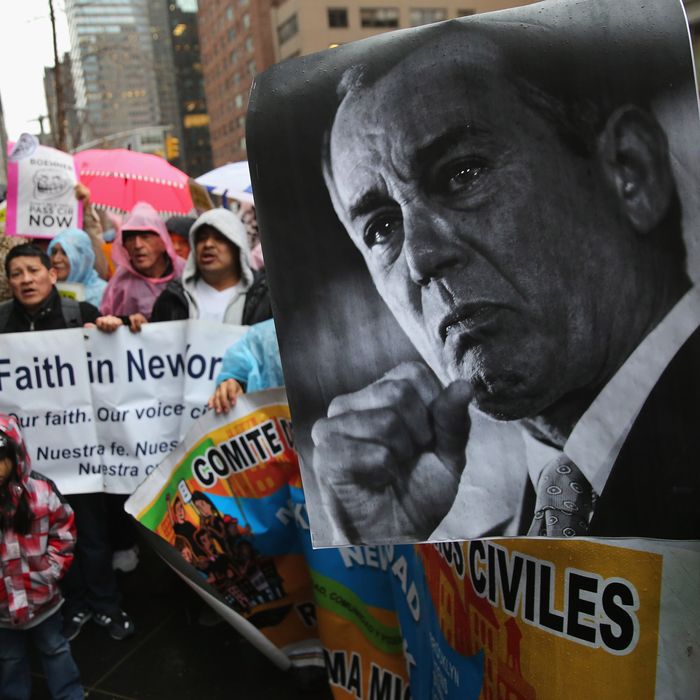 Immigration reform advocates protest outside a fundraiser hosted by U.S. Speaker of the House John Boehner (R-OH) on April 7, 2014 in New York City. 