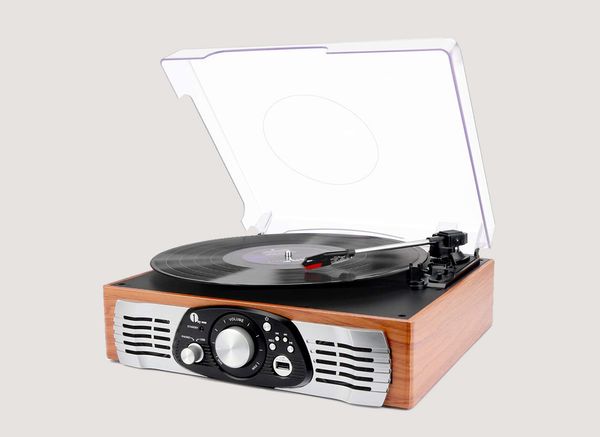 1byone Belt-Drive 3-Speed Stereo Turntable With Built-in Speakers, Natural Wood