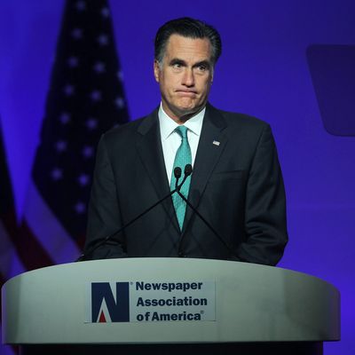 WASHINGTON, DC - APRIL 04: Republican presidential candidate and former Massachusetts Governor Mitt Romney addresses a luncheon hosted by Newspaper Association of America and American Society of News Editors during the MediaXchange conference April 4, 2012 in Washington, DC. The winning of the primaries in Wisconsin, Maryland and the District of Columbia have put Romney into an almost certain position to become the GOP presidential nominee for the general election. (Photo by Alex Wong/Getty Images)