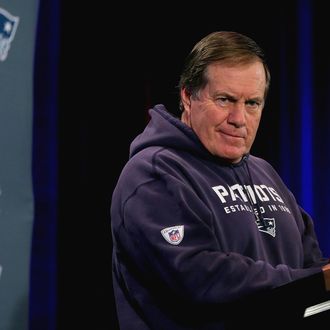 CHANDLER, AZ - JANUARY 29: Head coach Bill Belichick of the New England Patriots speaks to the media during the New England Patriots Super Bowl XLIX Media Availability on January 29, 2015 at the Sheraton Wild Horse Pass in Chandler, Arizona. (Photo by Elsa/Getty Images)