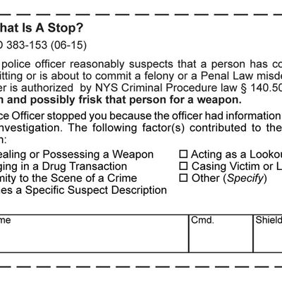 This is a new form cops will have to give people they stop but don't arrest. Stop and Frisk. NYPD police