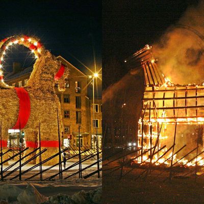 GAEVLE, SWEDEN: A composite photo of the Christmas straw goat, torched by vandals in Gaevle, Sweden, Tuesday, Dec. 21, 2004. The goats, erected by local merchants for Christmas, has only made it through the holiday season ten times without being burnt since since 1966.