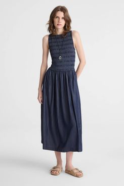 Madewell Denim Smocked Boatneck Midi Dress