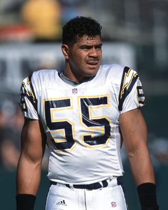 Outside Line Backer Junior Seau #55 of the San Diego Chargers looking on during the game against the Oakland Raiders at the Network Associates Coliseum in Oakland, California. The Raiders defeated the Chargers 35-28.
