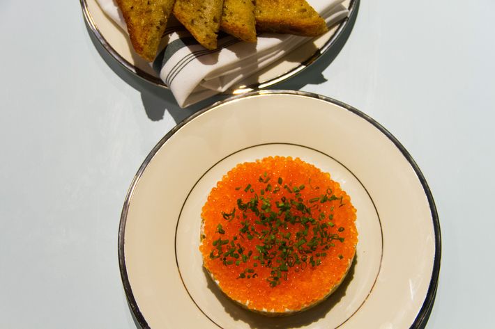 Salmon rillettes with crème fraîche and trout roe.