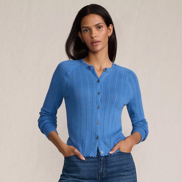 Lands' End Women's Cotton Pointelle Satin Trim Cardigan Sweater