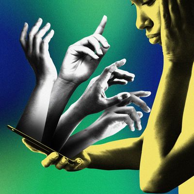 In this photo illustration, a woman with a concerned expression on her face, holding her left hand to her cheek, looks down at a cellphone she holds in her right hand. Four hands reach out from the phone screen toward her face.