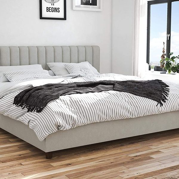 Novogratz Brittany Upholstered Platform Bed Frame, Grey Linen, King