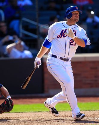 Lucas Duda #21 of the New York Mets homers on a line drive to right field in the 7th inning against the Atlanta Braves at Citi Field on April 7, 2012.