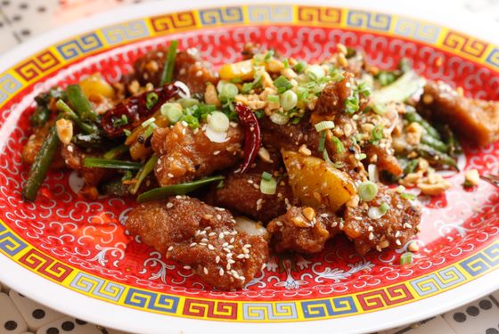 General Ye's Chicken with green beans, mango, peanuts, and rice.