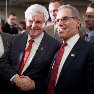 NASHUA, NH - JANUARY 06: Republican presidential candidate, former Speaker of the House Newt Gingrich (L) poses for a picture with former 2012 Republican presidential candidate Fred Karger, at a Hillsborough County Republican Committee meeting at the Crowne Plaza Hotel on January 06, 2012 in Nashua, New Hampshire. After finishing fourth in the Iowa Caucus, Gingrich continued his campaign in New Hampshire for the upcoming primary. (Photo by Matthew Cavanaugh/Getty Images)