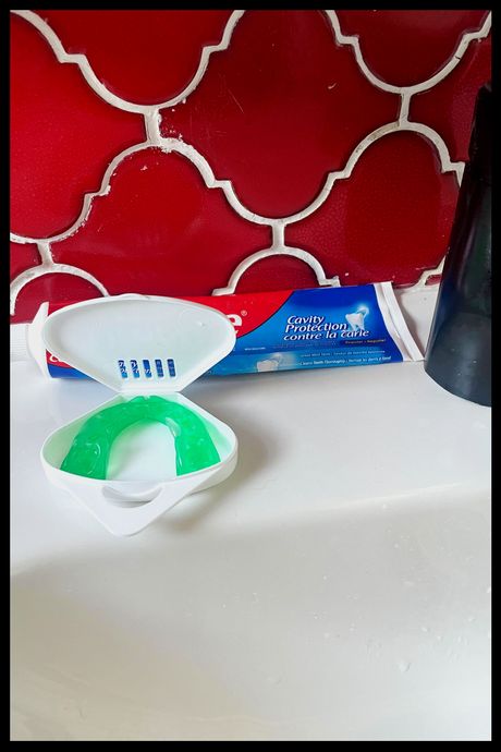 The Oral-B mouth guard in its case, after it’s been fitted.