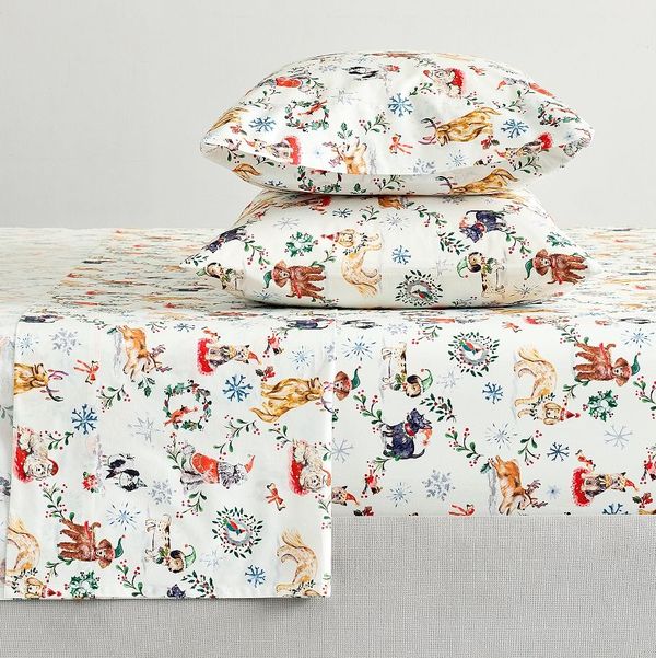 Sada potištěných listů vánočního psa Pottery Barn - Queen