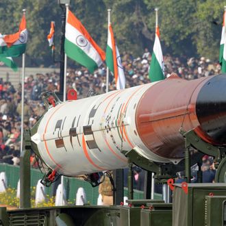 Agni IV missile is displayed at the Republic Day parade in New Delhi on January 26, 2012. India celebrated its 63rd Republic Day under heavy security and a large military parade, with Thailand's Prime Minister Yingluck Shinawatra as the chief guest of the event. AFP PHOTO/RAVEENDRAN (Photo credit should read RAVEENDRAN/AFP/Getty Images)