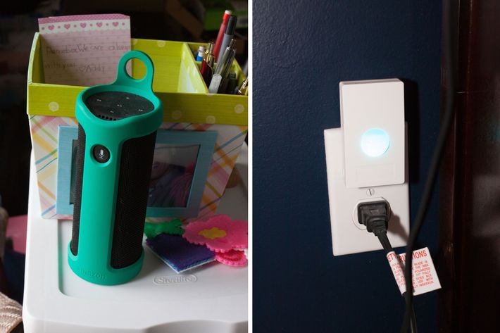 A side-by-side photo of an Amazon Echo Tap and smart-plug motion sensor, which Gentry uses to make his house more accessible.