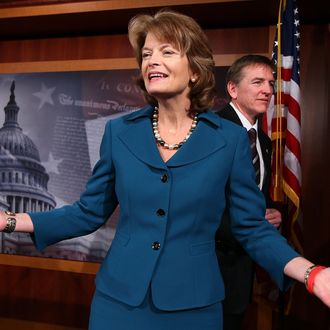 WASHINGTON, DC - JANUARY 25: U.S. Sen. Lisa Murkowski (R-AK) (L) gestures at the end of a news conference as Rep. Heath Shuler (D-NC) (R) leaves January 25, 2011 on Capitol Hill in Washington, DC. The lawmakers held a news conference to talk about their effort to encourage Democrats and Republicans to sit together during the president’s state of the Union address. (Photo by Alex Wong/Getty Images) *** Local Caption *** Lisa Murkowski;Heath Shuler