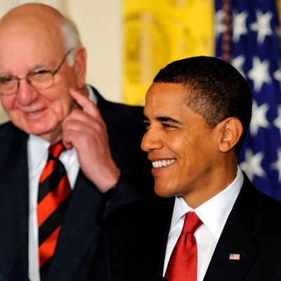 U.S. President Barack Obama (front) and the Chair of his Economic Recovery Advisory Board Paul Volcker, announce the newly appointed members of the advisory board at the White House in Washington, DC, USA on 06 February 2009. The board made up of business leaders, labor groups and former government officials will provide an outside perspective on Obama's economic recovery plans.