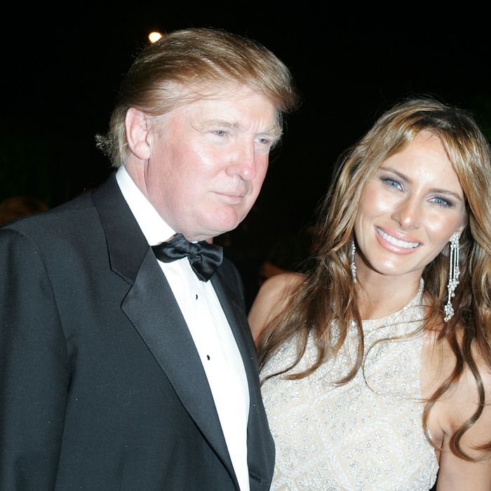 WEST HOLLYWOOD, CA - FEBRUARY 27: Donald Trump and wife Melania Knauss arrives at the Vanity Fair Oscar Party at Mortons on February 27, 2005 in West Hollywood, California. (Photo by Frazer Harrison/Getty Images)