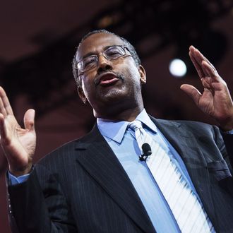 US conservative Ben Carson addresses the annual Conservative Political Action Conference (CPAC) at National Harbor, Maryland, outside Washington, DC on February 26, 2015. AFP PHOTO/NICHOLAS KAMM (Photo credit should read NICHOLAS KAMM/AFP/Getty Images)