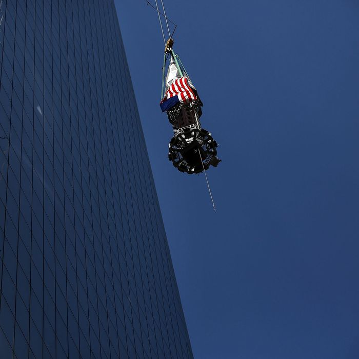 The 408-foot spire is hoisted onto a temporary platform on the top of One World Trade Center on May 2, 2013 in New York City. When bolted into place at a later date, the spire will make One World Trade Center the tallest building in the Western Hemisphere.The raising of the spire, which comes on the second anniversary of the death of Osama bin Laden, will make One World Trade Center 1,776 feet tall. One World Trade Center is built on the site where the September 11, 2001 attacks toppled the original World Trade Center towers. 