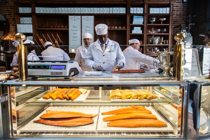 Smoked-salmon slicing.