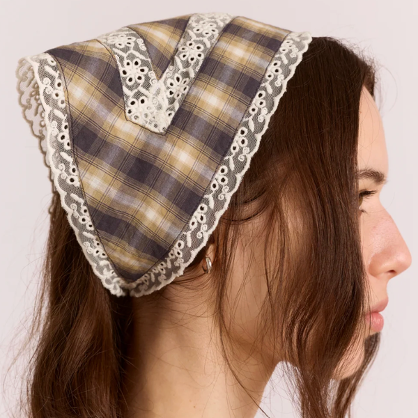 Damson Madder Headscarf With Lace Detail In Cardamon Check
