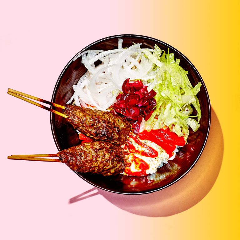 Bar Chuko Izakaya’s Cumin Lamb Rice Bowl With Lettuce and Red and White Sauce, $14  A Japanese pub’s homage to the city’s halal carts. Chef Christine Lau marries warm rice, cool iceberg lettuce, crunchy onions, and her interpretations of the iconic condiments. Yakitori-grilled lamb tsukune are infused with Sichuan peppercorns and cumin, and eggplant and ginger are pickled with shiso.  565 Vanderbilt Ave., at Pacific St., Prospect Heights; 347-425-9570.