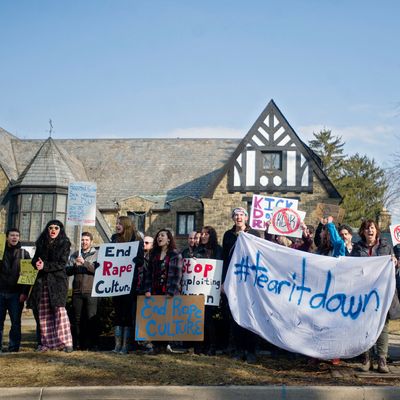 Protestors outside Penn State's Kappa Delta Rho fraternity house. 