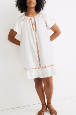 Madewell Embroidered Linen-Blend Raglan Ruffle Mini Dress