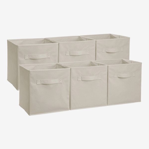 AmazonBasics Collapsible Fabric Storage Cubes Organizer with Handles, Beige - Pack of 6