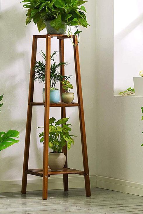 Indoor Plant Stand Mid Century Brown Display Wood Flower Potted Holder POT NOT INCLUDED Adjustable for pots from 10 to 13 Inches 