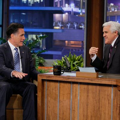 THE TONIGHT SHOW WITH JAY LENO -- Episode 4223 -- Pictured: (l-r) Mitt Romney, Jay Leno on March 27, 2012.