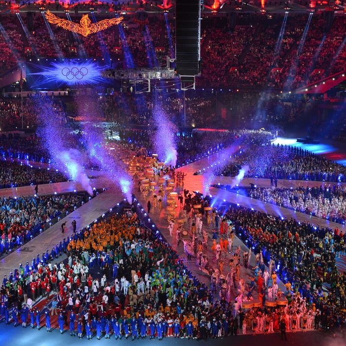 Performers and athletes take part in the Olympic stadium during the closing ceremony of the 2012 London Olympic Games in London on August 12, 2012. Rio de Janeiro will host the 2016 Olympic Games