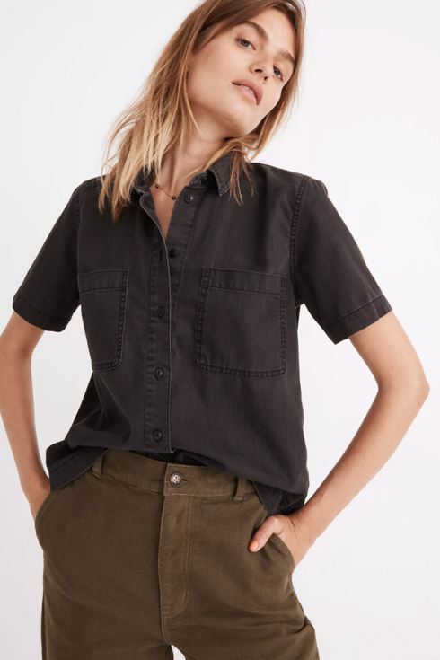 women's short sleeve button down shirt