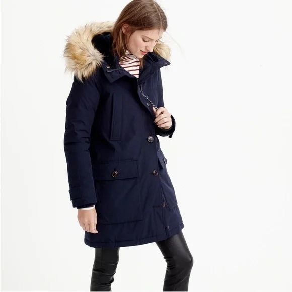 J. Crew Navy Blue Nordic Down Parka Fur Trimmed Hood