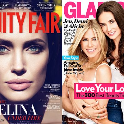 Angelina Jolie's face gets <em>Vanity Fair</em> all to itself, while Jennifer Aniston shares <em>Glamour</em> with Demi Moore and Alicia Keys.